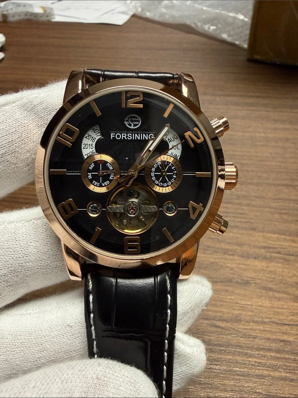 Men's Black Dial Watch with Rose Gold Case